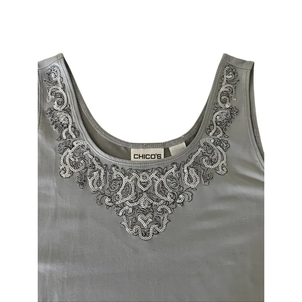 Chico's 0 (Small)Top Tank Top Silver Embellished Neck Wide Straps Dressy Sequins